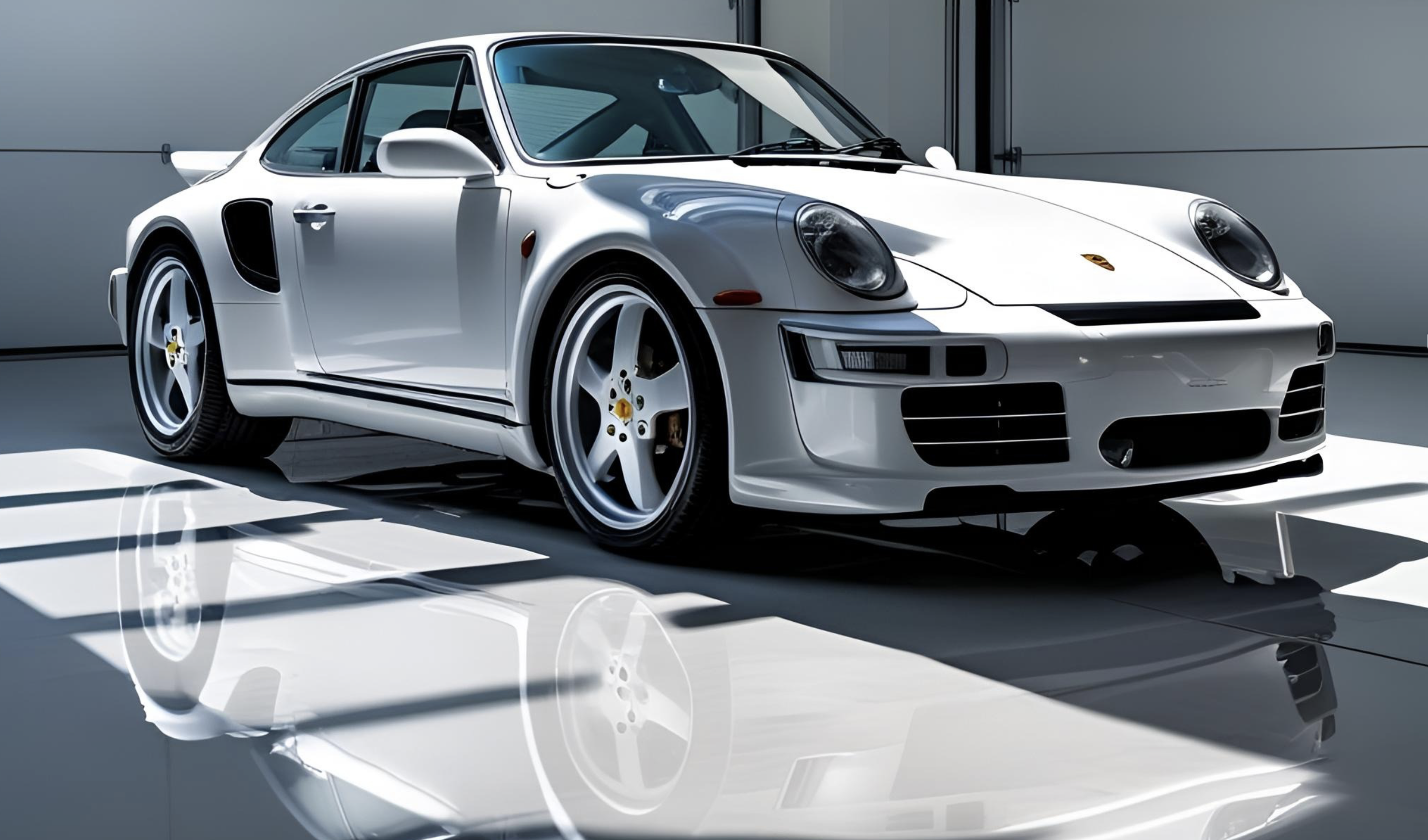 Voiture de sport noire dans un garage haut de gamme